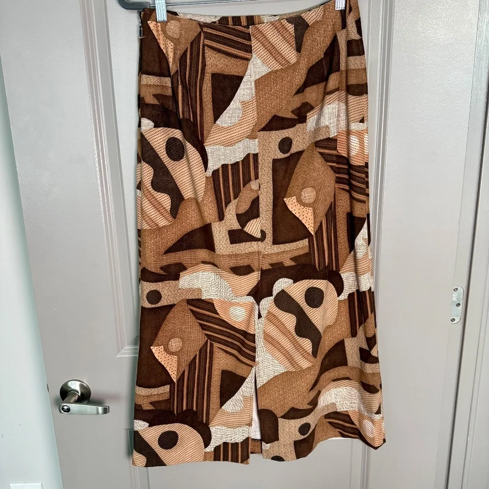 Vintage 70s Harvé Benard Geometric Midi Skirt Brown Cubist Print Size 10 | Retro